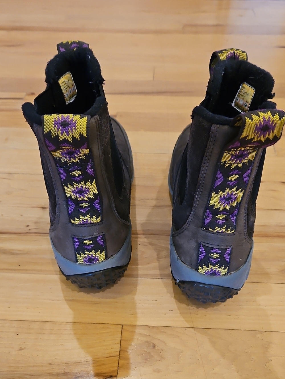 cushe Womens Size 9 Brown Ankle Boots with Purple & Yellow Patterned Pull Tabs